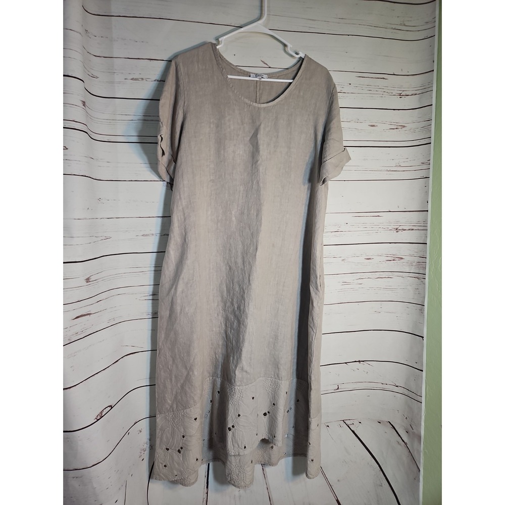 ROSEMARINE 100% Italian Linen Short Sleeve Hi-lo Crochet Hem Dress in Fango sz L